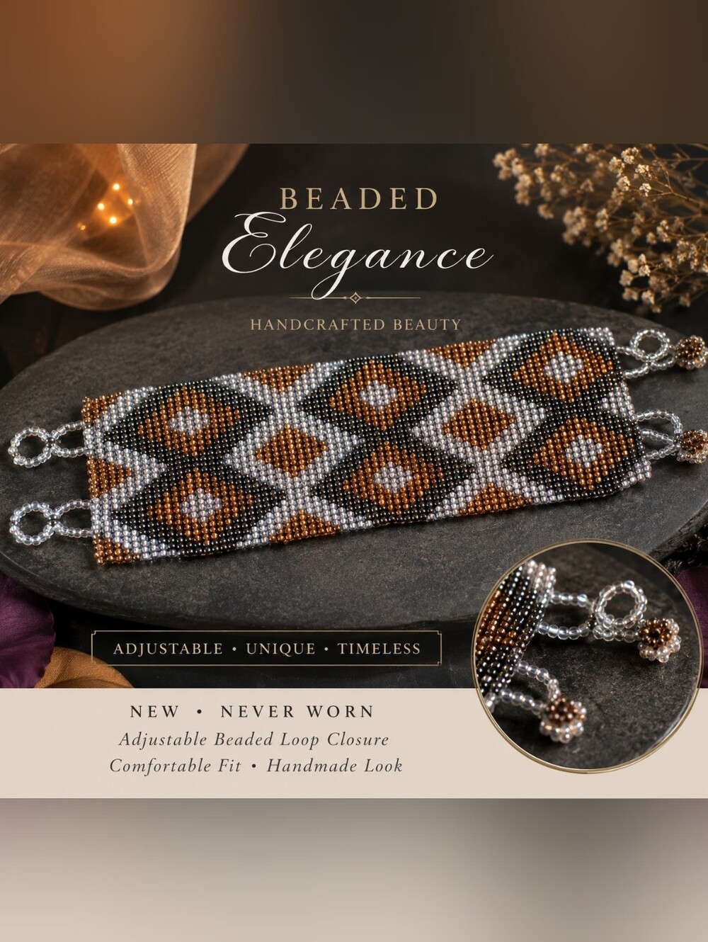 Handcrafted Beaded Bracelet - Brown, Black & White